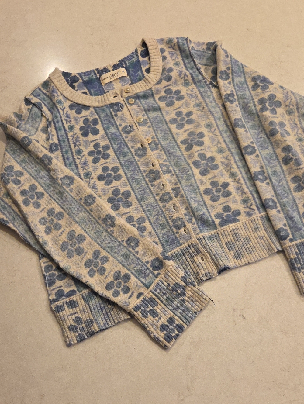 Natural Life Floral Cropped Crewneck Cardigan - Blue, Green, Cream